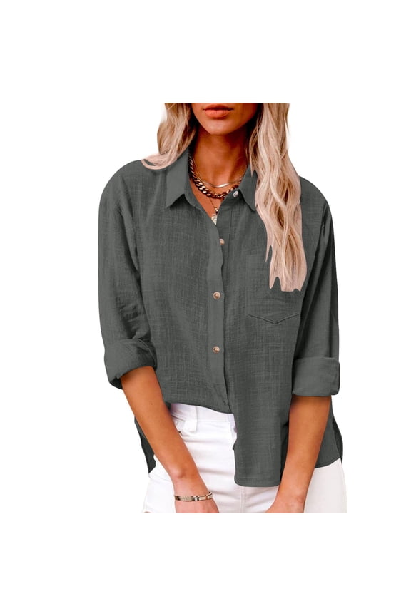 Womens Button Down Shirts Cotton Linen Dress Shirt Long Sleeve Oversized Boyfriend Solid Tunic Tops with Pockets
