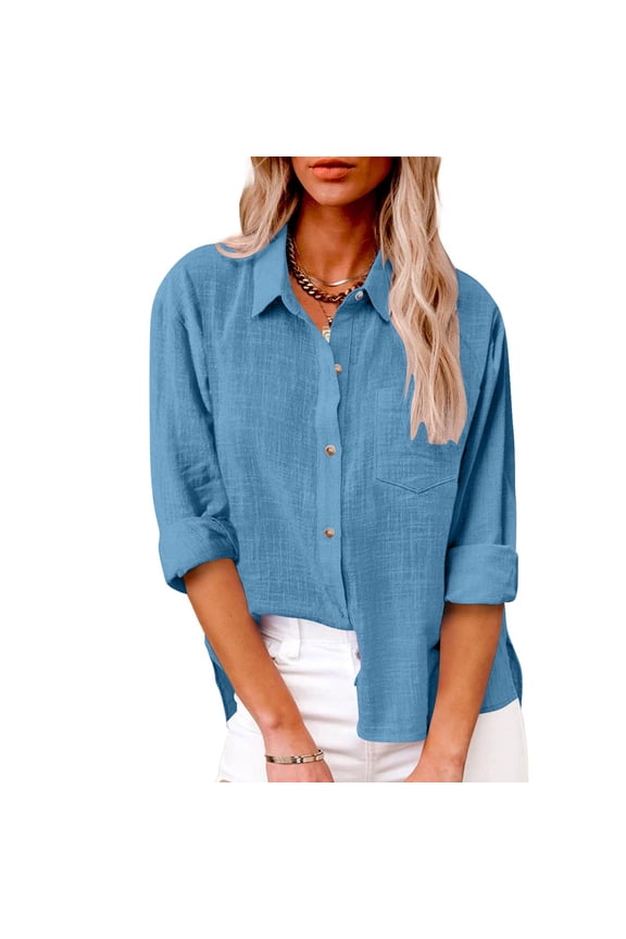 Womens Button Down Shirts Cotton Linen Dress Shirt Long Sleeve Oversized Boyfriend Solid Tunic Tops with Pockets