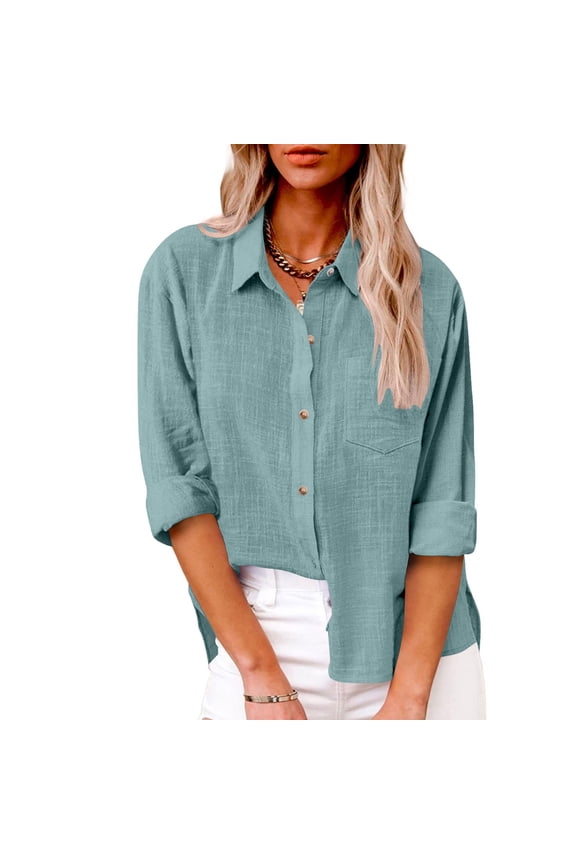 Womens Button Down Shirts Cotton Linen Dress Shirt Long Sleeve Oversized Boyfriend Solid Tunic Tops with Pockets