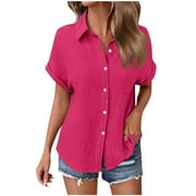 KARIGHT Womens Button Down Shirts Summer Short Sleeve Collared Dressy Casual Blouses Work Loose Fit Tops