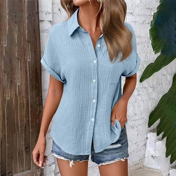Karight Womens Button Down Shirts Summer Short Sleeve Collared Dressy Casual Blouses Work Loose Fit Tops