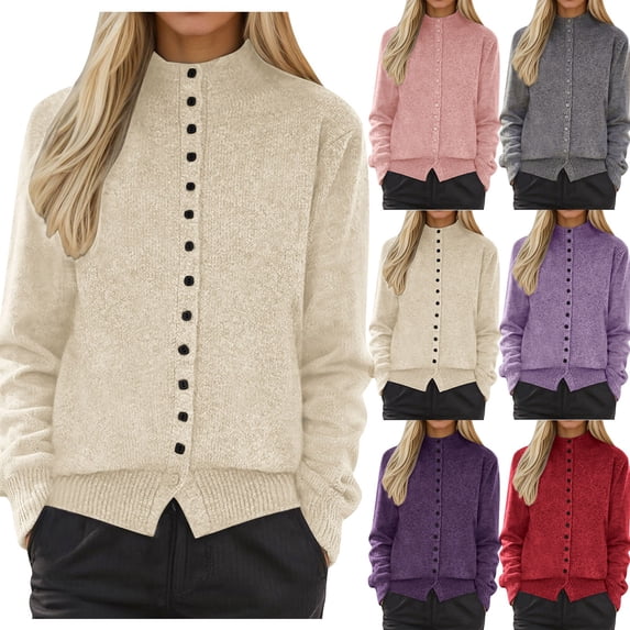 Karight Womens Button Down Sweaters Long Sleeve Mock Neck Cable Knit Fall Open Front Chunky Cardigan Sweaters Winter Outfits