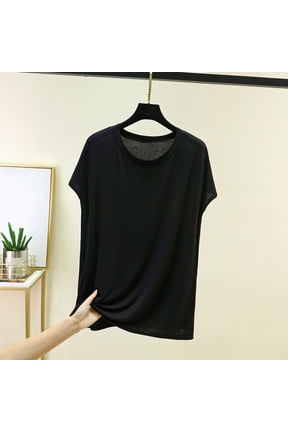 Womens Cap Sleeve Crew Neck T-Shirt Side Split Loose Fit Casual Silky Loungewear Top