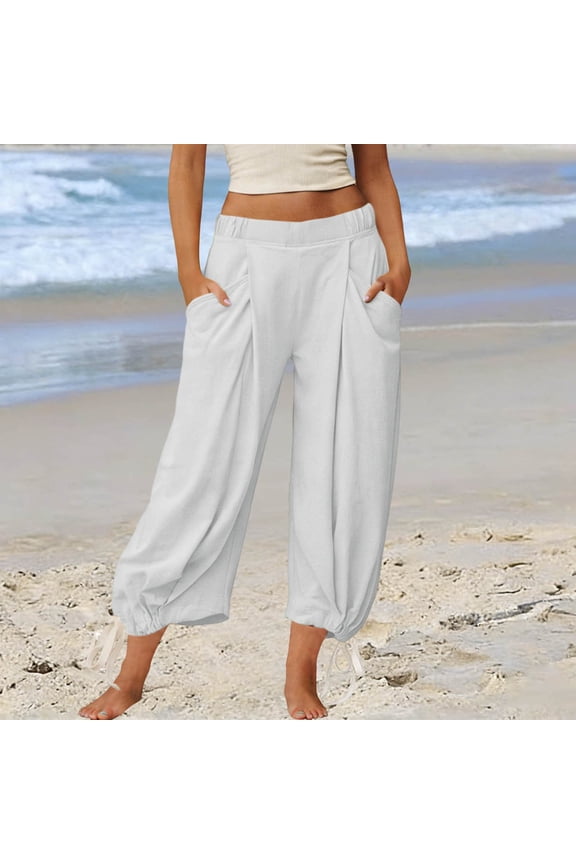 Womens Capri Harem Pants Elastic High Waist Drawstring Ankle Cuffs with Pockets Casual Loose Fit Yoga Lounge Pants