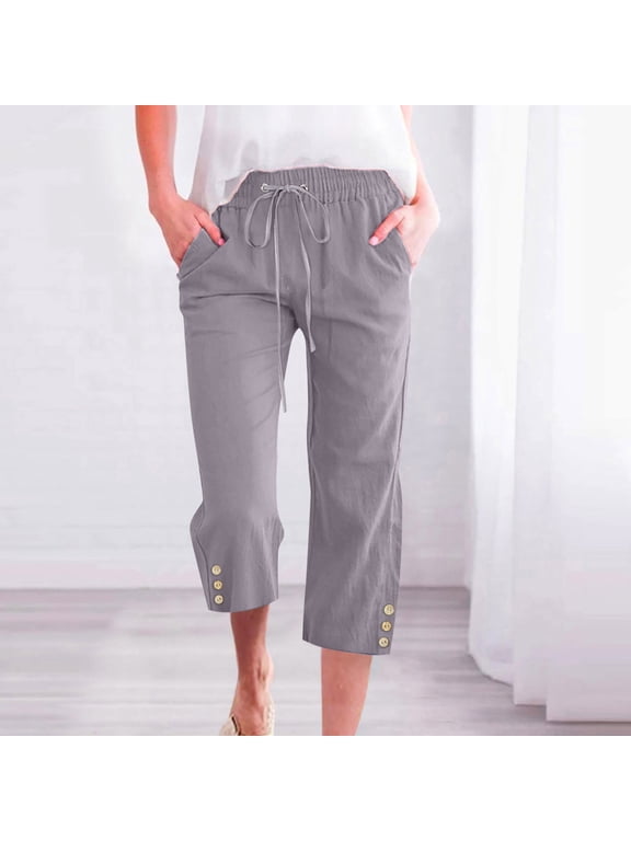 Womens Capris Pants High Waist Drawstring Comfy Casual Pants Casua Lightweight Loose Trousers Buttons Trim with Pockets Gray