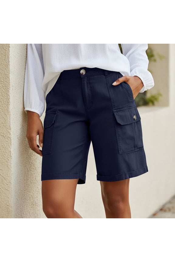Womens Cargo Shorts Button Closure Multi-Pocket Rolled Cuff Casual Summer Shorts