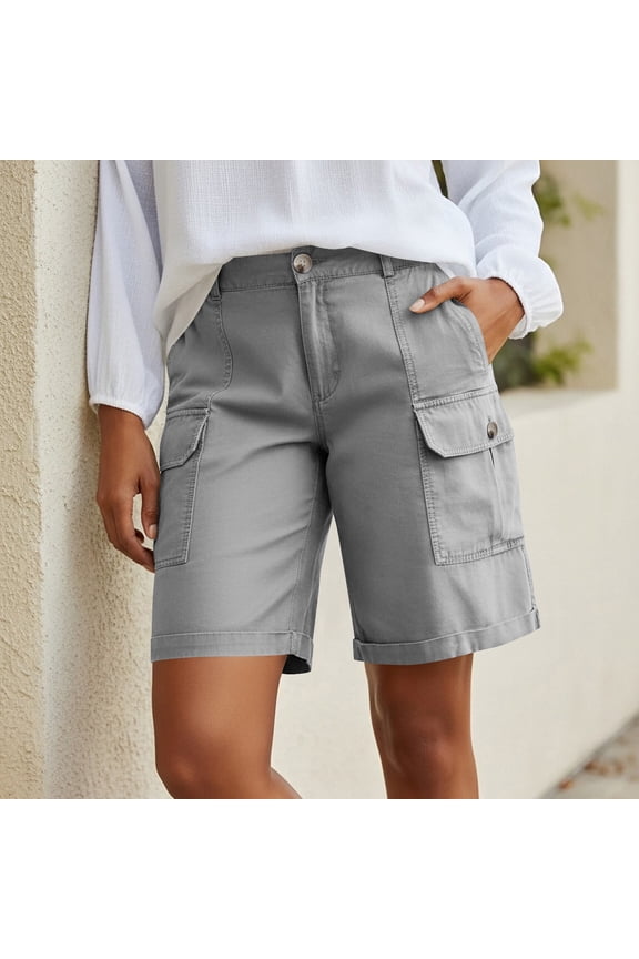 Womens Cargo Shorts Button Closure Multi-Pocket Rolled Cuff Casual Summer Shorts
