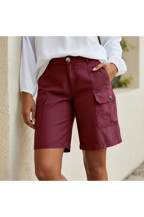 Womens Cargo Shorts Button Closure Multi-Pocket Rolled Cuff Casual Summer Shorts