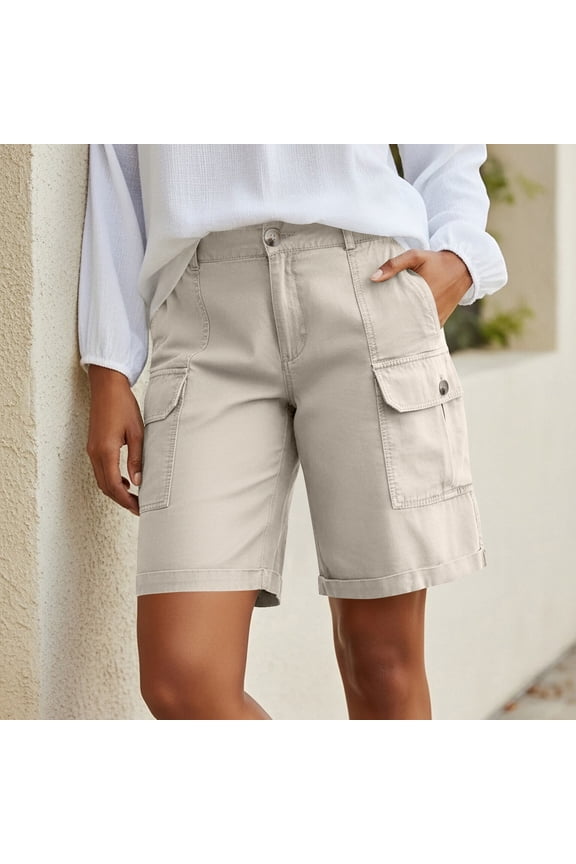 Womens Cargo Shorts Button Closure Multi-Pocket Rolled Cuff Casual Summer Shorts