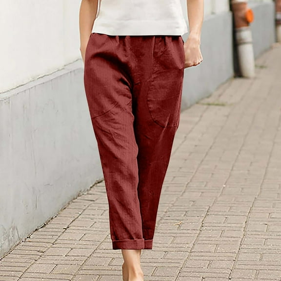 Karight Womens Casual Cotton Tapered Capri Cargo Pants Loose Elastic Waist Ankle Cropped Trouser with Pockets