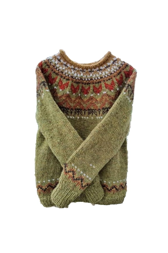 Womens Casual Lightweight Vintage Fair Isle Sweater Raglan Sleeve Crew Neck Knitted Pullover Comfy Warm Fall Tops