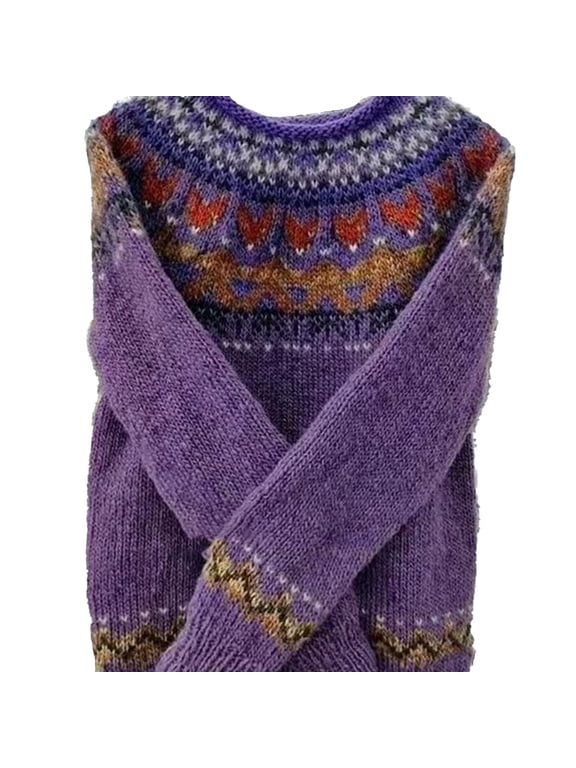Womens Casual Lightweight Vintage Fair Isle Sweater Raglan Sleeve Crew Neck Knitted Pullover Comfy Warm Fall Tops