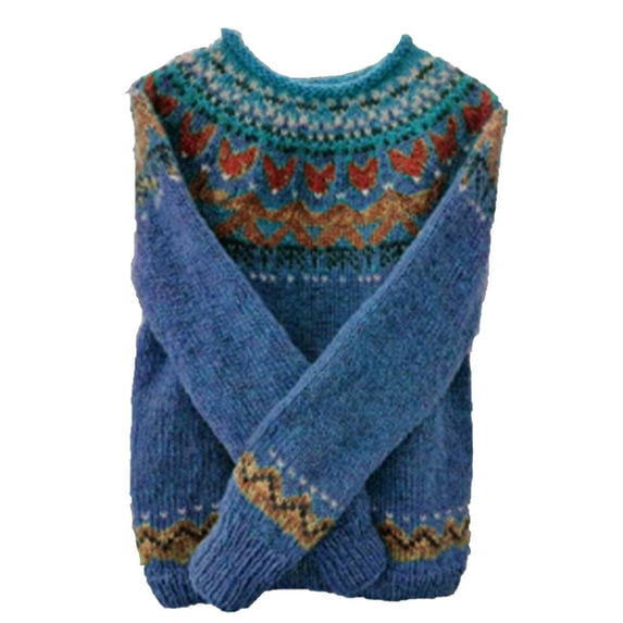 Karight Womens Casual Lightweight Vintage Fair Isle Sweater Raglan Sleeve Crew Neck Knitted Pullover Comfy Warm Fall Tops