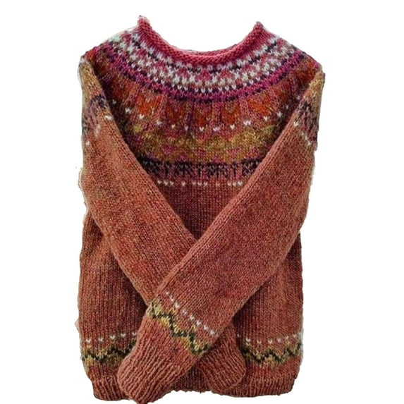 Karight Womens Casual Lightweight Vintage Fair Isle Sweater Raglan Sleeve Crew Neck Knitted Pullover Comfy Warm Fall Tops