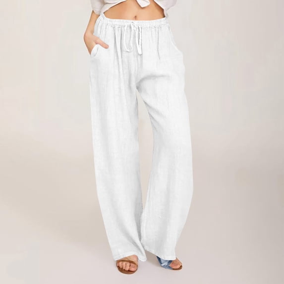 Karight Womens Casual Loose Wide Leg Pants Solid Color Drawstring Elastic High Waist Linen Blend Long Trousers with Pockets