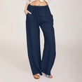 thumbnail image 1 of Karight Womens Casual Loose Wide Leg Pants Solid Color Drawstring Elastic High Waist Linen Blend Long Trousers with Pockets, 1 of 5