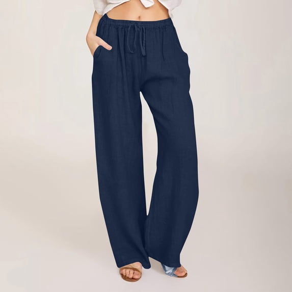 Karight Womens Casual Loose Wide Leg Pants Solid Color Drawstring Elastic High Waist Linen Blend Long Trousers with Pockets