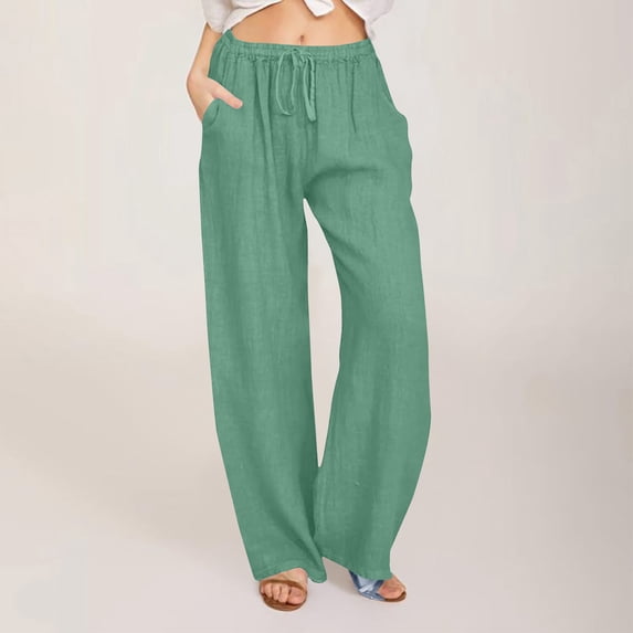 Karight Womens Casual Loose Wide Leg Pants Solid Color Drawstring Elastic High Waist Linen Blend Long Trousers with Pockets