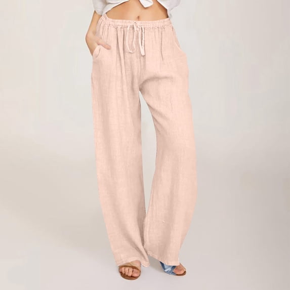 Karight Womens Casual Loose Wide Leg Pants Solid Color Drawstring Elastic High Waist Linen Blend Long Trousers with Pockets