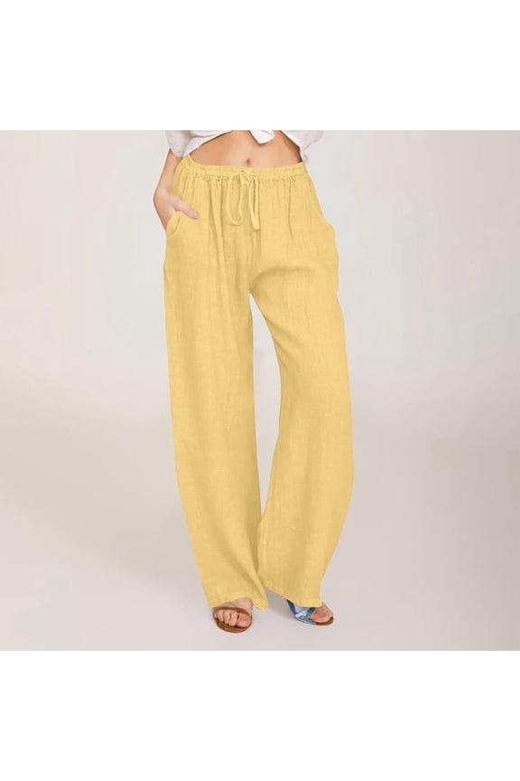Womens Casual Loose Wide Leg Pants Solid Color Drawstring Elastic High Waist Linen Blend Long Trousers with Pockets