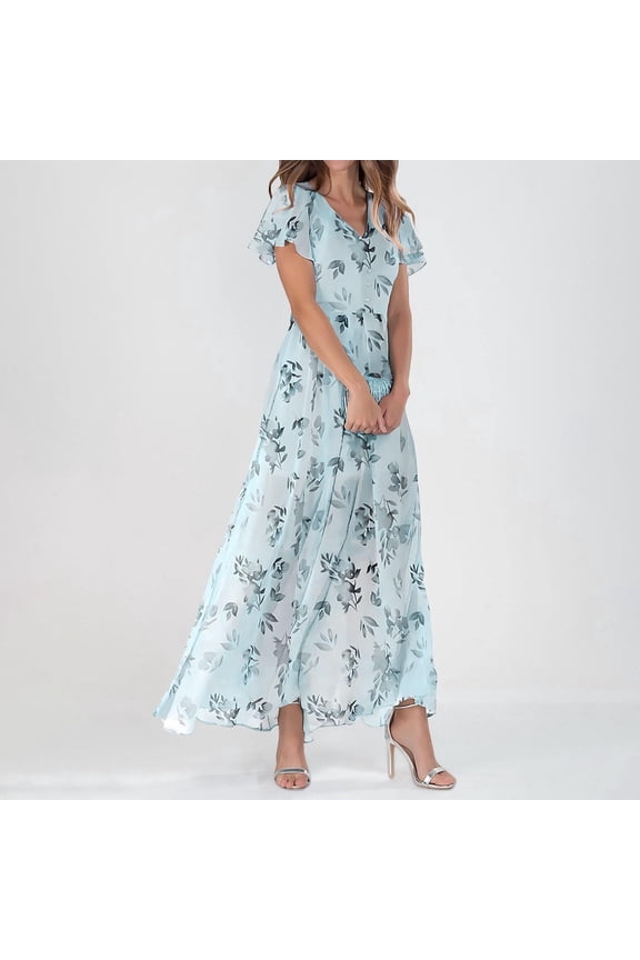 Womens Chiffon Floral Long Dress Summer Ruffle Short Sleeve Maxi Dress V Neck Flowy Boho Beach Party Dresses