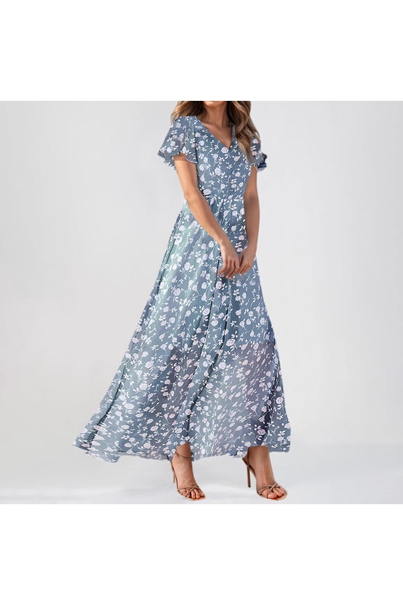Womens Chiffon Floral Long Dress Summer Ruffle Short Sleeve Maxi Dress V Neck Flowy Boho Beach Party Dresses