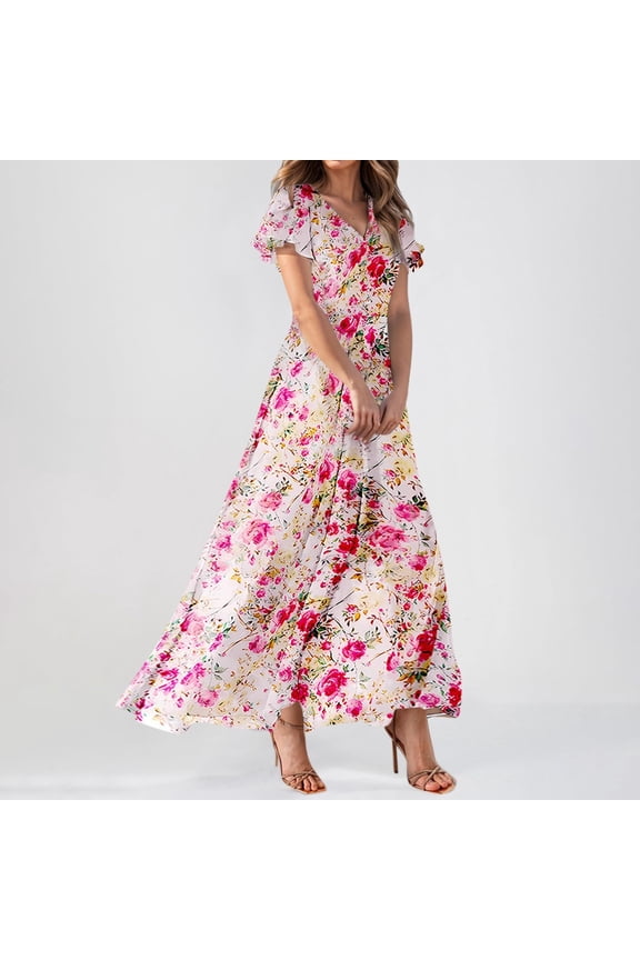 Womens Chiffon Floral Long Dress Summer Ruffle Short Sleeve Maxi Dress V Neck Flowy Boho Beach Party Dresses