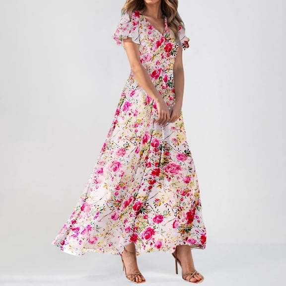 Karight Womens Chiffon Floral Long Dress Summer Ruffle Short Sleeve Maxi Dress V Neck Flowy Boho Beach Party Dresses