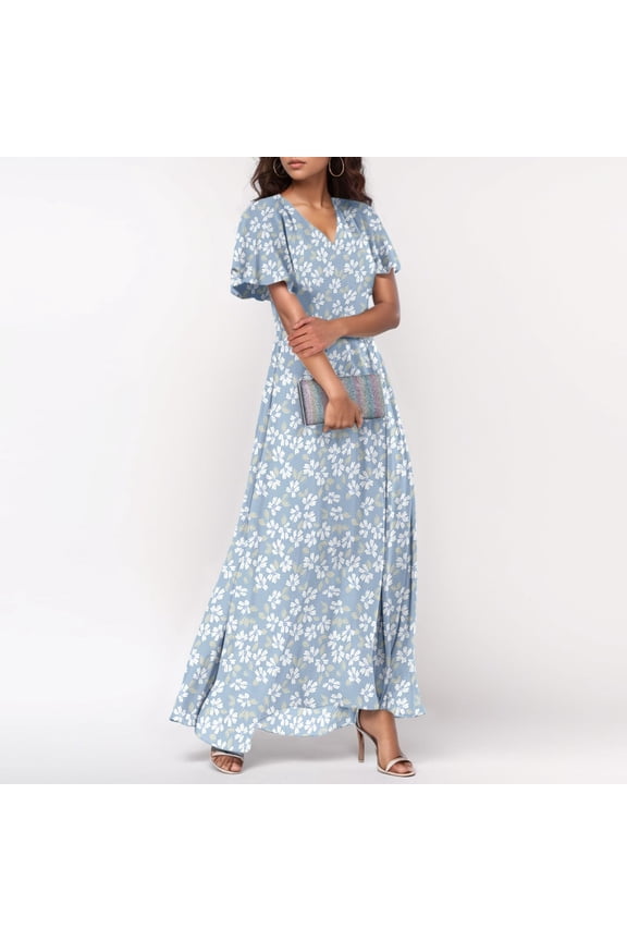 Womens Chiffon Floral Long Dress Summer Ruffle Short Sleeve Maxi Dress V Neck Flowy Boho Beach Party Dresses
