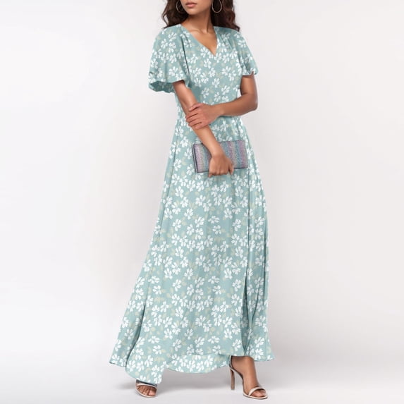 Karight Womens Chiffon Floral Long Dress Summer Ruffle Short Sleeve Maxi Dress V Neck Flowy Boho Beach Party Dresses
