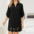 thumbnail image 1 of Karight Womens Collared V-Neck Tunic Dress with Rolled 3/4 Sleeves and Floral Laser Cut Scalloped Hem, Casual Shift Dress for Beach Cover Up, 1 of 9