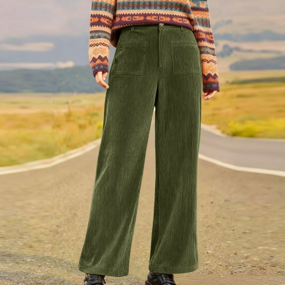 Karight Womens Corduroy Pants Casual Fall High Waisted Wide Leg Pants Loose Stretchy Business Work Trousers with Pockets