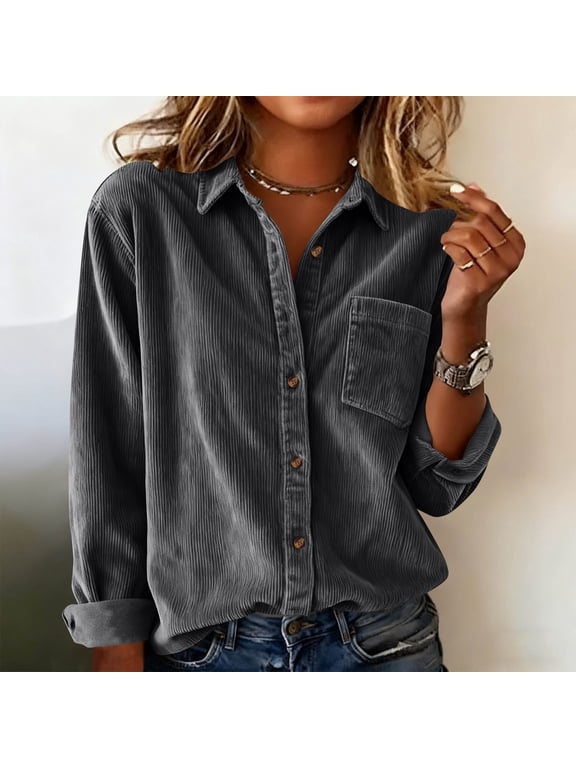 Womens Corduroy Shirts Long Sleeve Collared Button Down Blouse Oversized Boyfriend Tops Jackets Shackets with Pocket