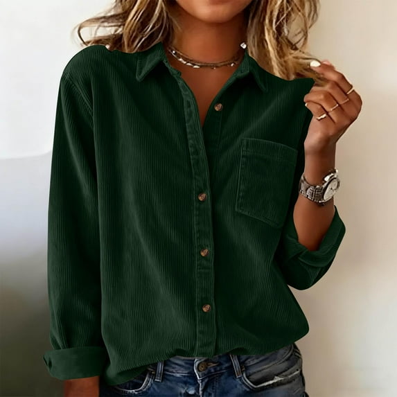 Karight Womens Corduroy Shirts Long Sleeve Collared Button Down Blouse Oversized Boyfriend Tops Jackets Shackets with Pocket