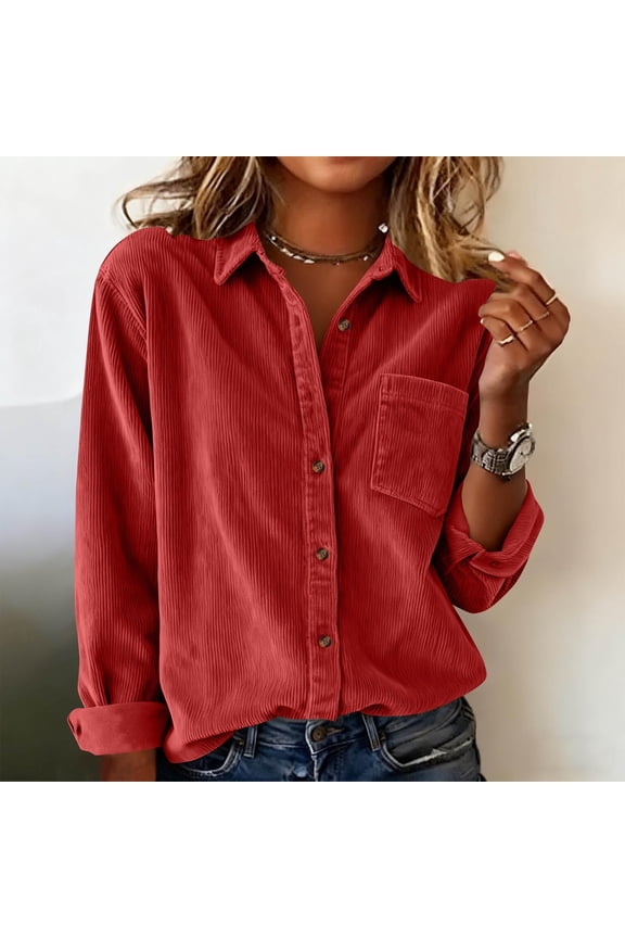 Womens Corduroy Shirts Long Sleeve Collared Button Down Blouse Oversized Boyfriend Tops Jackets Shackets with Pocket
