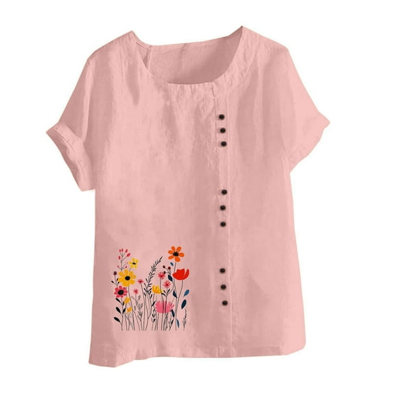 Karight Womens Cotton And Linen Round Neck Tunic Short Sleeve Blouse Temperament Ladies Tee Vintage Cotton and Print Button Summer Shirt