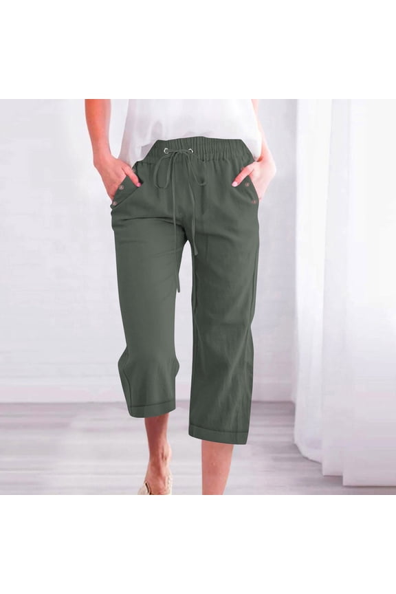 Womens Cotton Cropped Pants Loose Fit Wide Leg Capri Casual Plus Size Elastic Waist Trousers