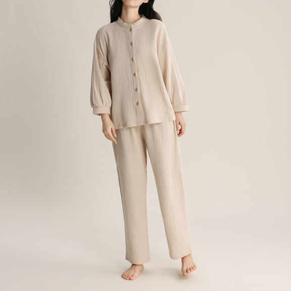 Karight Womens Cotton Gauze Pajama Sets Crew Neck Button Down Sleepwear and Pants 2 Piece Solid Lounge Muslin Pj Set
