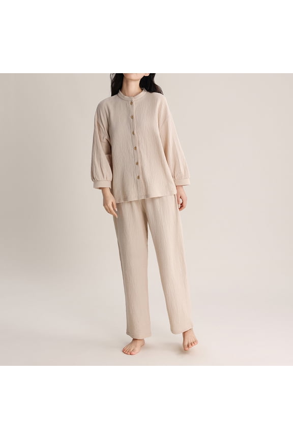 Womens Cotton Gauze Pajama Sets Crew Neck Button Down Sleepwear and Pants 2 Piece Solid Lounge Muslin Pj Set