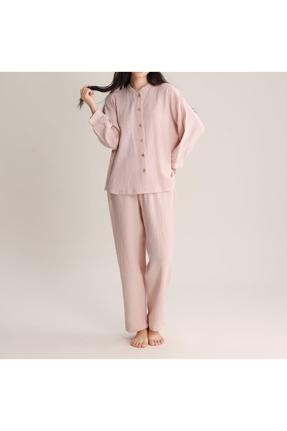 Womens Cotton Gauze Pajama Sets Crew Neck Button Down Sleepwear and Pants 2 Piece Solid Lounge Muslin Pj Set