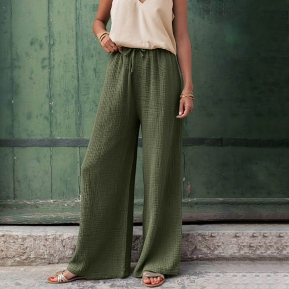 Karight Womens Cotton Linen Palazzo Pants Drawstring Elastic Waist Casual Wide Leg Trousers with Pockets Army Green