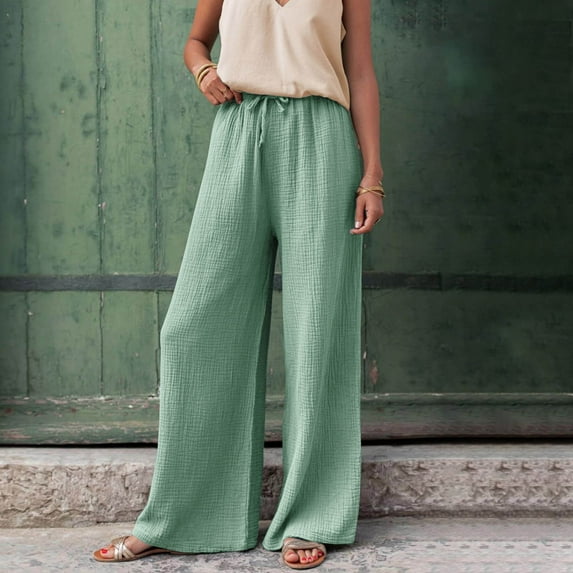 Karight Womens Cotton Linen Palazzo Pants Drawstring Elastic Waist Casual Wide Leg Trousers with Pockets Green
