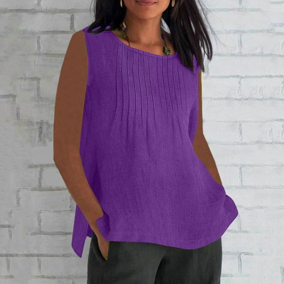 Karight Womens Cotton Linen Tank Tops Summer T Shirts Sleeveless Casual Loose Tunic Blouses