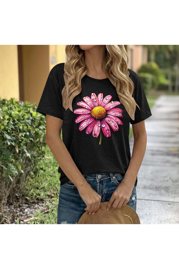 Womens Daisy Bouquet Graphic T-Shirt Short Sleeve Crew Neck Casual Tee Soft Cotton Loose Fit Summer Tops