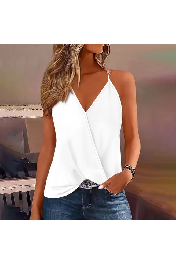 Womens Deep V Neck Wrap Spaghetti Strap Tank Tops Summer Boho Sleeveless Dressy Casual Ladies Shirts Blouses