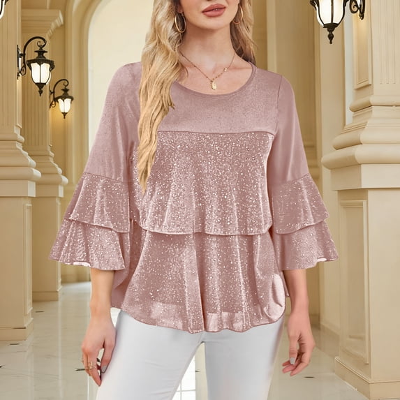 Karight Womens Dressy Sparkly Tops Ruffle 3/4 Sleeve Elegant Dressy Blouses Crew Neck Double Layers Mesh Tunic Top Holiday Shirt