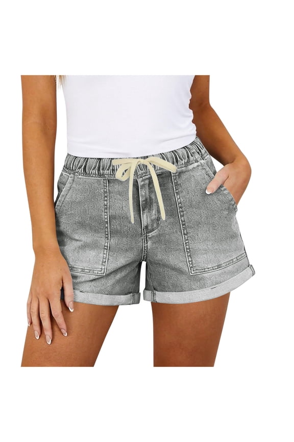 Womens Elastic High Waist Denim Shorts Drawstring Rolled Cuff Casual Summer Jean Shorts with Pockets