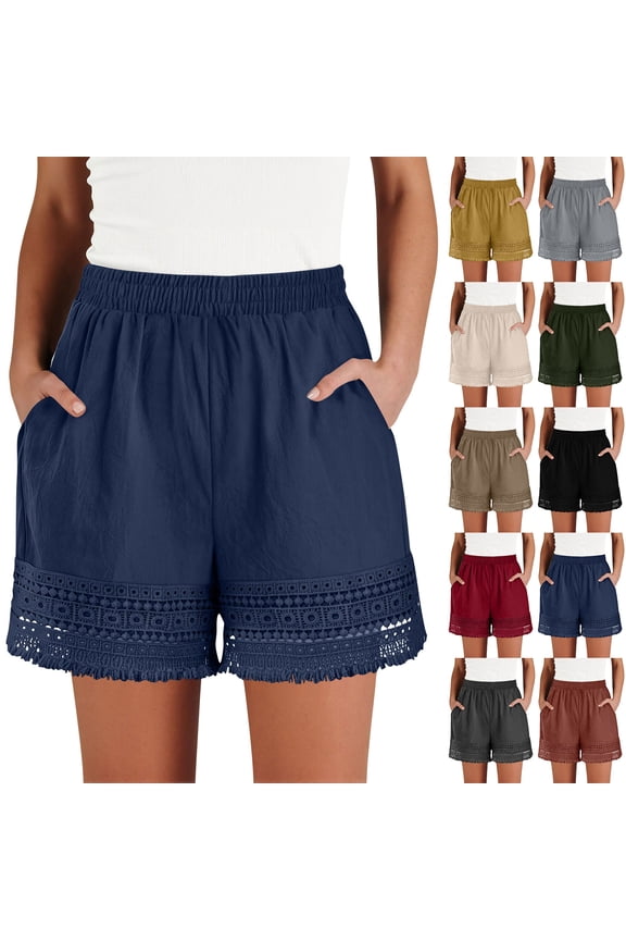 Womens Elastic Waist Casual Shorts with Pockets Lace Trim Fringe Hem Loose Fit Summer Shorts