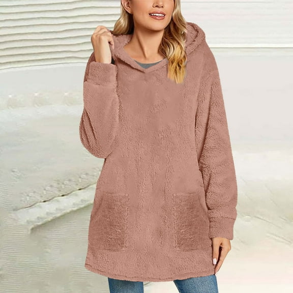 Karight Womens Fall Fashion Fuzzy Fleece Sweatshirt Long Sleeve Loose Sweatshirts Solid Color Winter Warm Pullover Pocket
