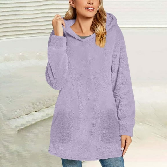 Karight Womens Fall Fashion Fuzzy Fleece Sweatshirt Long Sleeve Loose Sweatshirts Solid Color Winter Warm Pullover Pocket